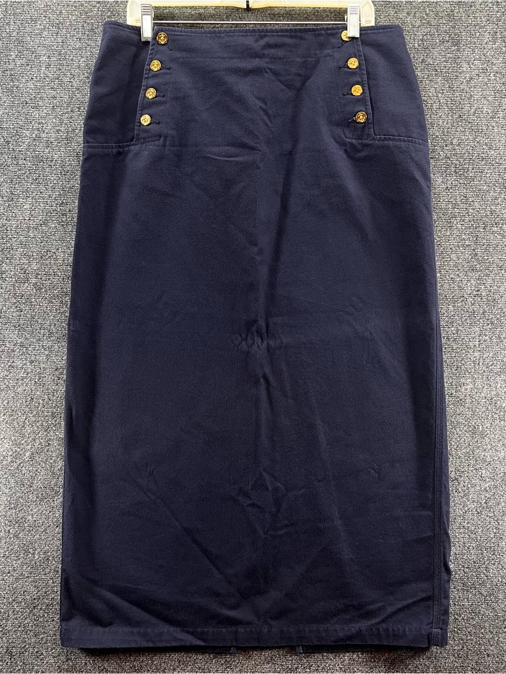 Lauren Ralph Lauren Maxi Pencil Skirt 14 Navy Blue/Gold Nautical Buttons Preppy